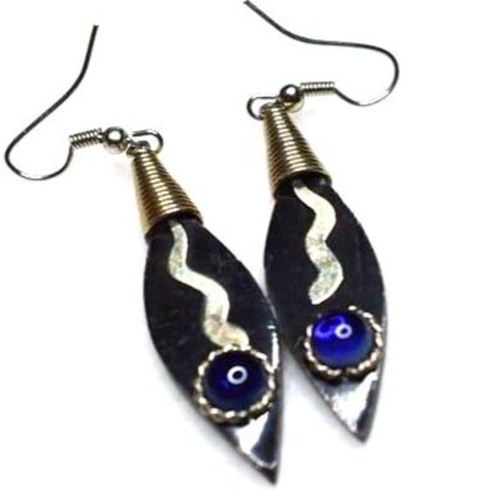 Unique Art Deco Black Glass Blue Rhinestone Silver Tone Dangle Hook Earrings
